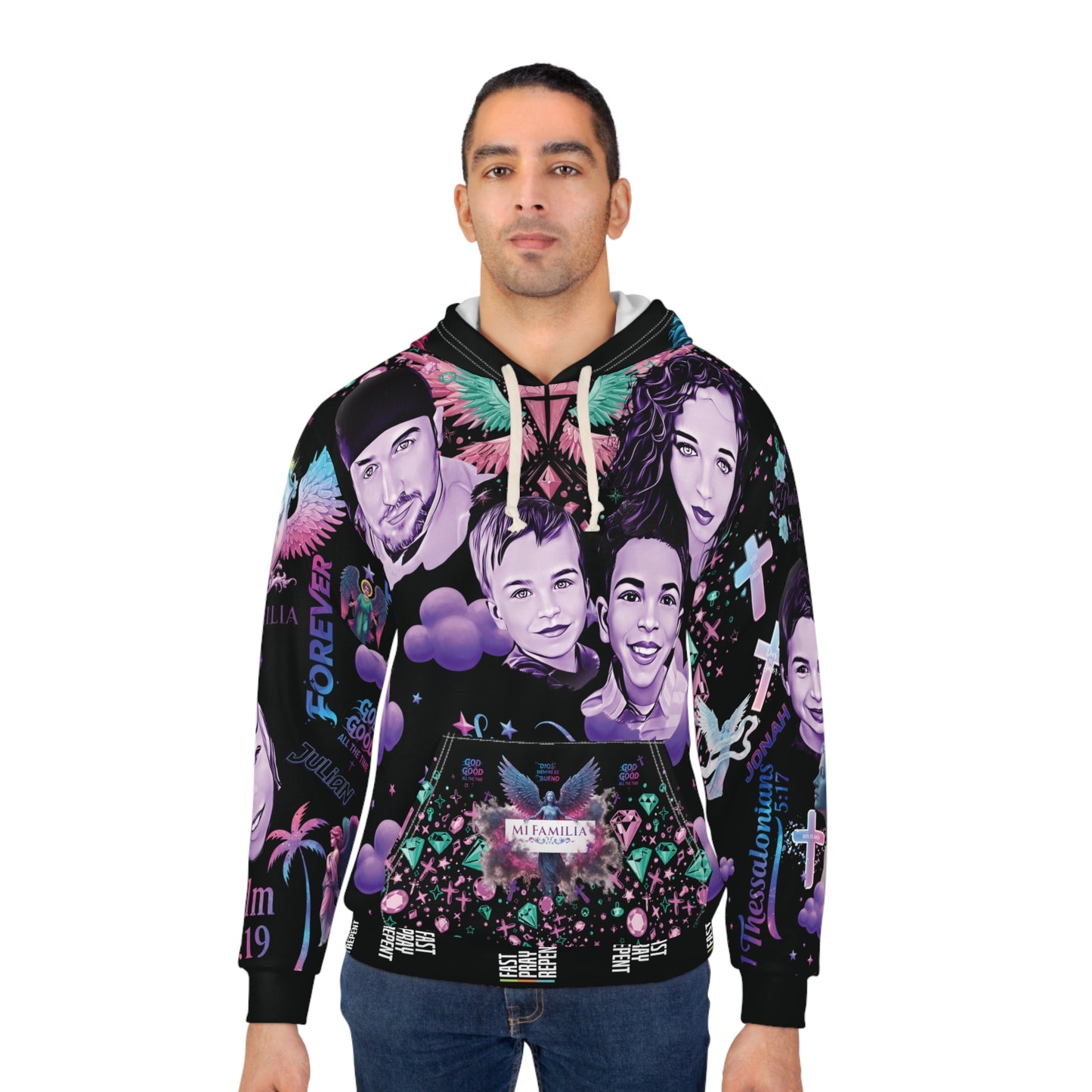 A. Santi Colorful Family-Themed Pullover Hoodie with Inspirational Design