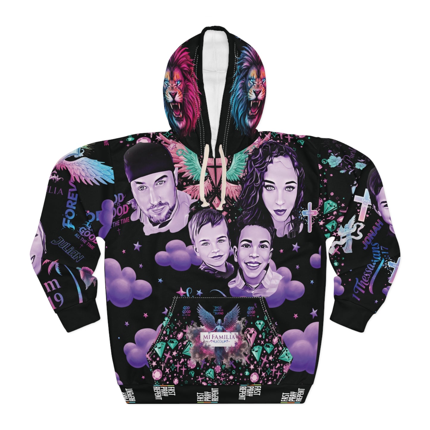 A. Santi Colorful Family-Themed Pullover Hoodie with Inspirational Design
