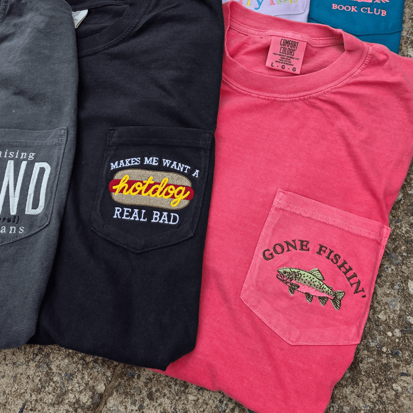 Gone Fishin' Embroidered Pocket Tee | Comfort Colors | Rainbow Trout | Gifts for Dad