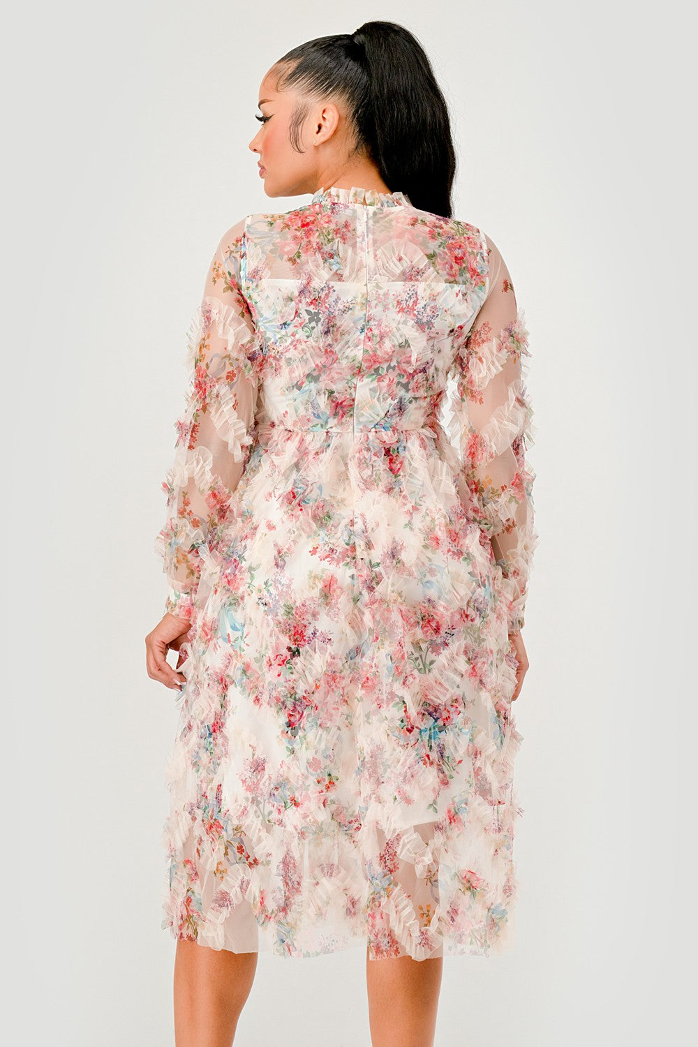 Floral Ruffle Sheer Midi Dress