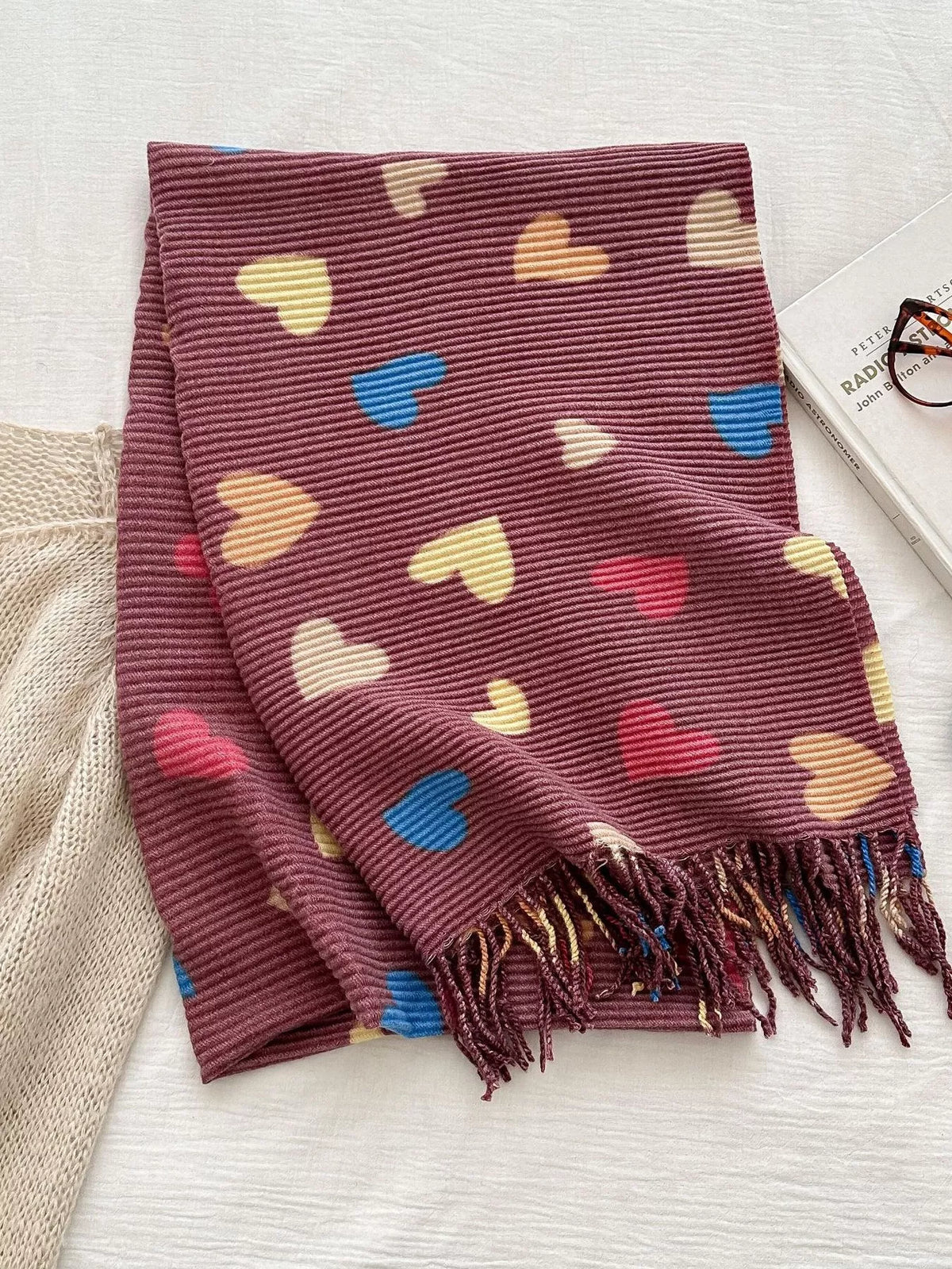 Heart Patterned Tassel Scarf