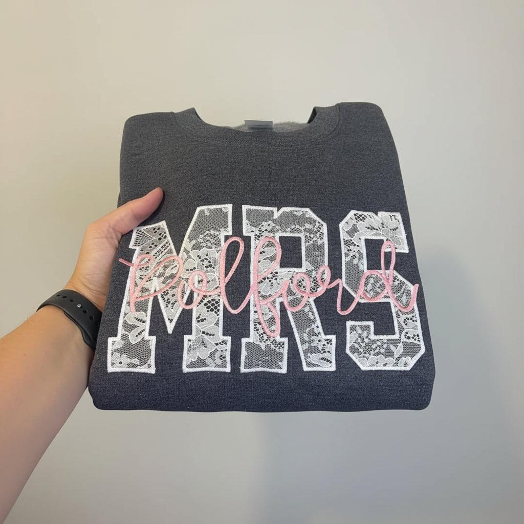Lace Applique Mrs. Bride to Be Custom Embroidered CC Short Sleeve/Sweatshirt