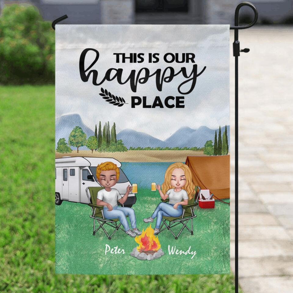 Personalized Camping Chibi Flag Sign - Couple With Up to 3 Dogs - Gift Idea For Dog/Camping Lover/Couple - This is Our Happy Place