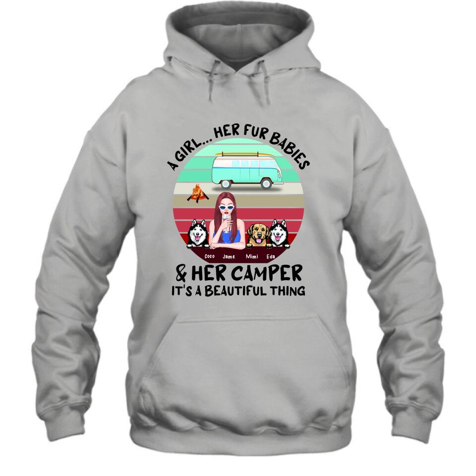 Personalized Camping Shirt - Women With Up to 3 Dogs - Best Gift For Dog Lover - A Girl Her Fur Babies Her Dogs And Her Camper It's A Beautiful Thing