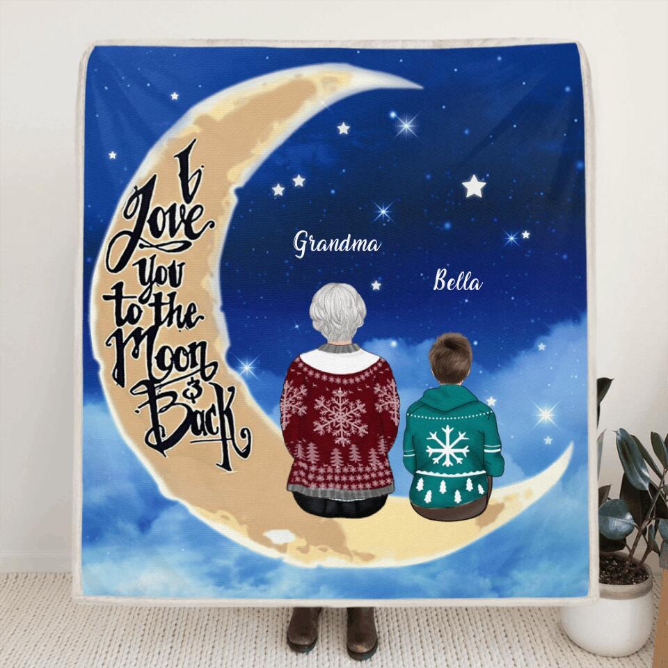Personalized Grandma/Grandpa & Grandchilds Sitting On Moon Pillow Cover/Quilt/Fleece Blanket - Up to 4 Kids - Gift Idea For Grandma/Grandpa - I Love You To The Moon And Back