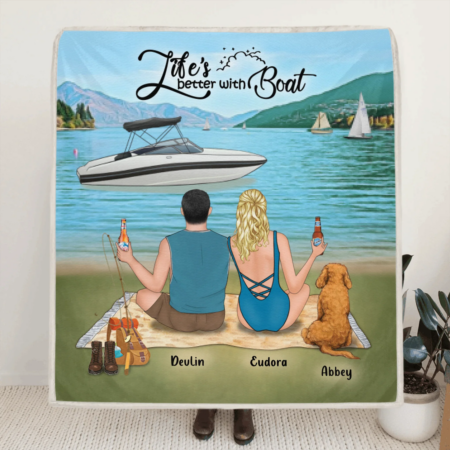 Personalized Boating Quilt/Fleece Blanket - Parents Up to 3 Kids And 3 Pets - Best Gift For Family - Life's Better With Boat - 33LE0B