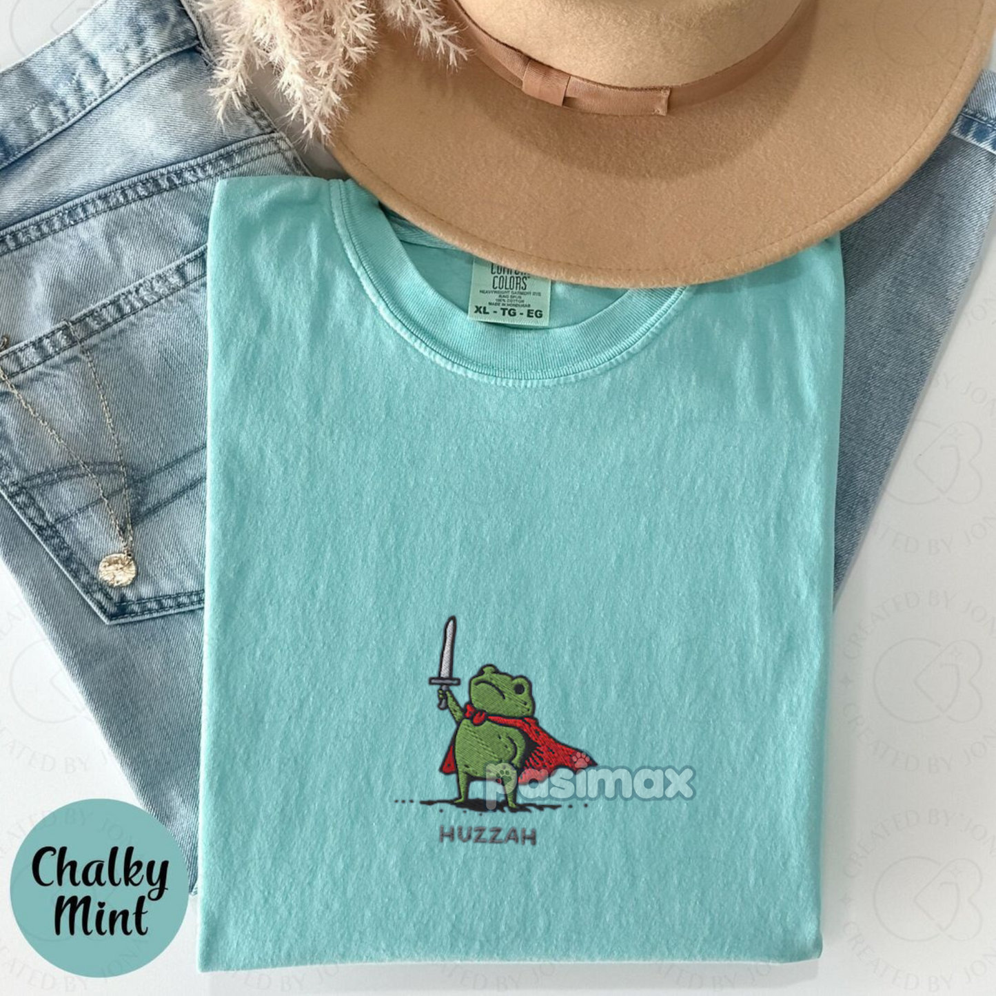 Huzzah Frog with Sword Tee โ Embroidered Medieval Frog Shirt