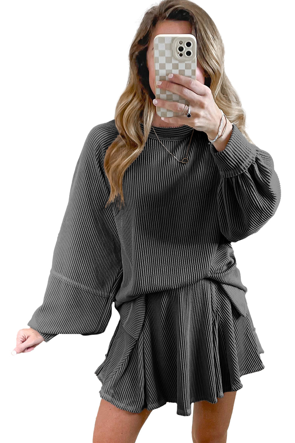 Mist Green Corded Bishop Sleeve Pullover and Ruffle Mini Skirt Set
