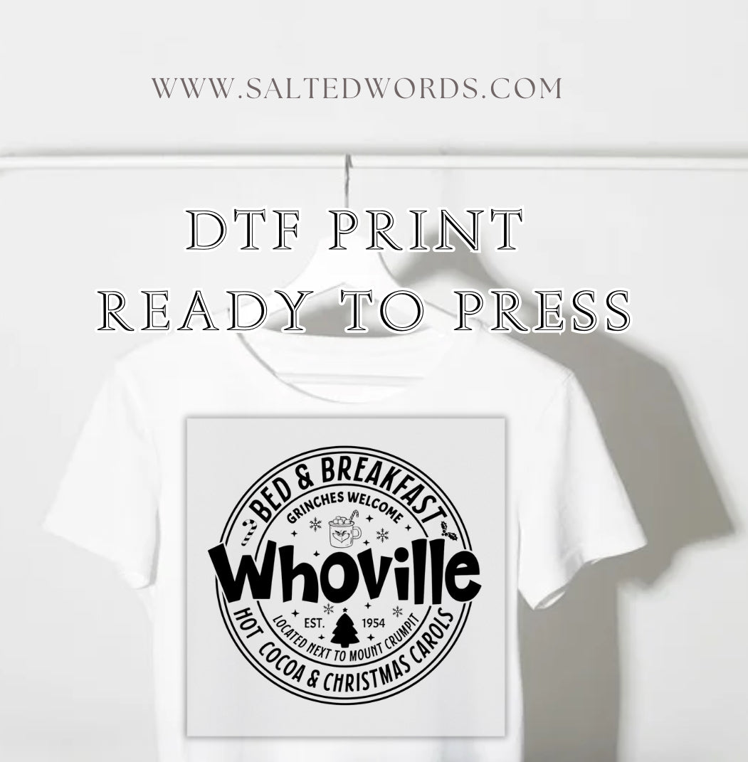 Grinch Whoville bed and breakfast Christmas DTF print transfer Ready to Press