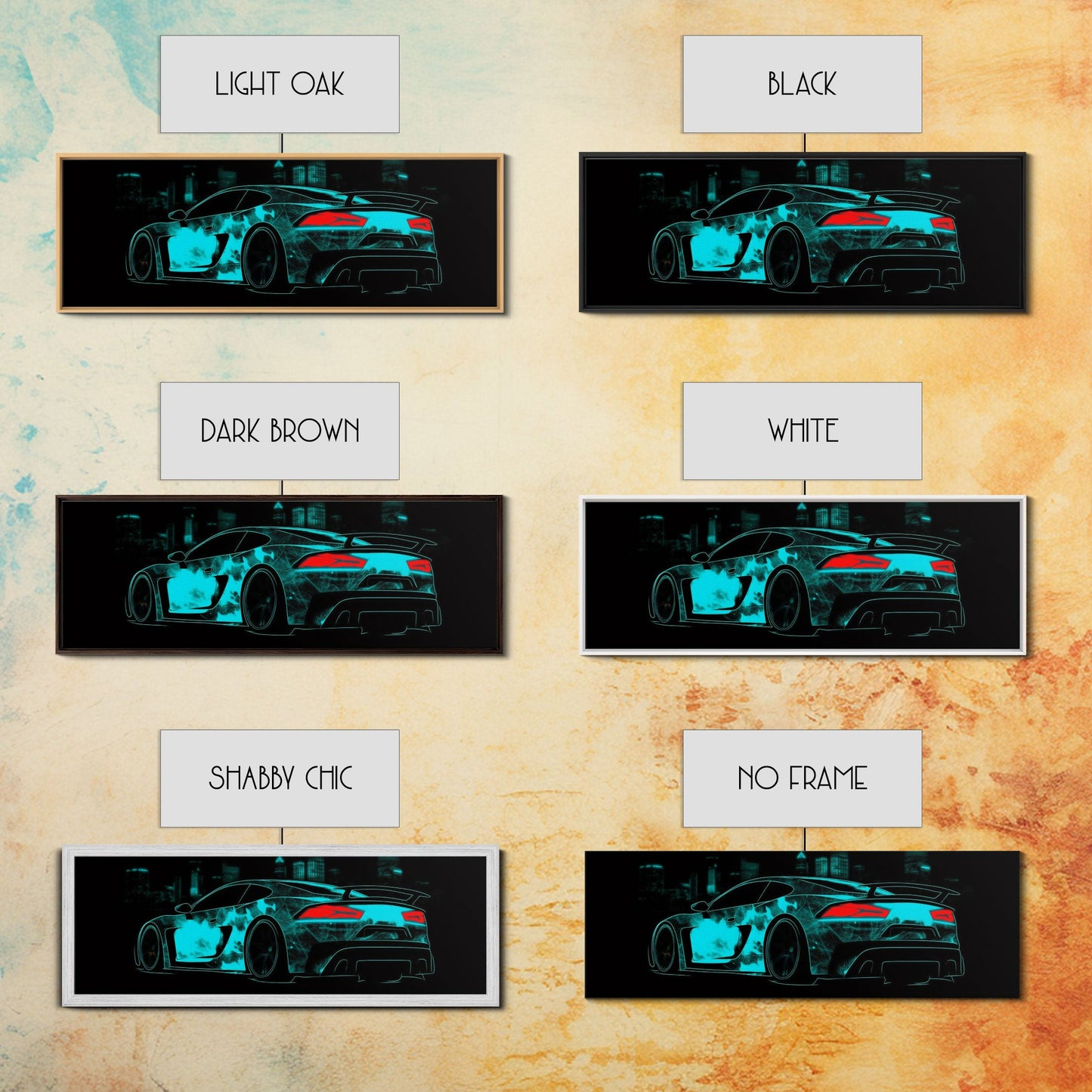 Teal Sports Car, Abstract Urban Art, Cityscape Art, Dark Night Large Urban Art, City Skyline Wall Art, Panoramic, Wall Art, Canvas Print