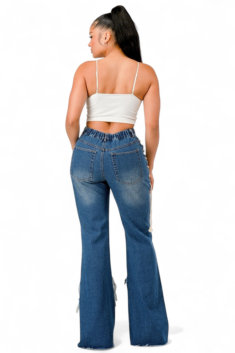Curvy Lace-Up Shredded Flare Denim Pants