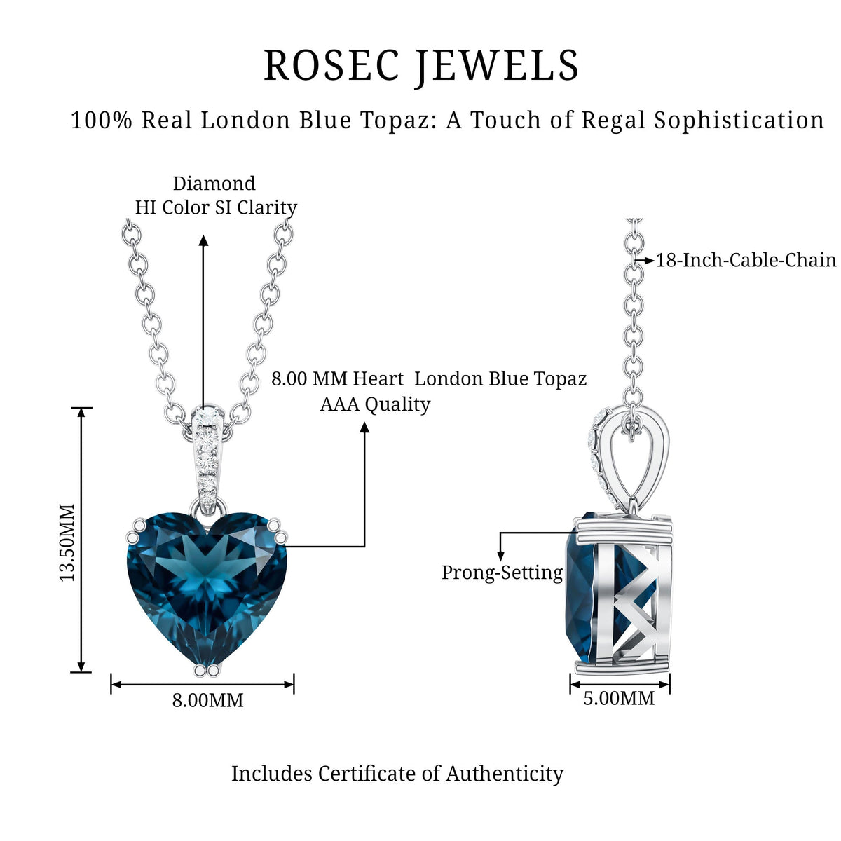 2 Carat Certified London Blue Topaz Heart Necklace with Diamond