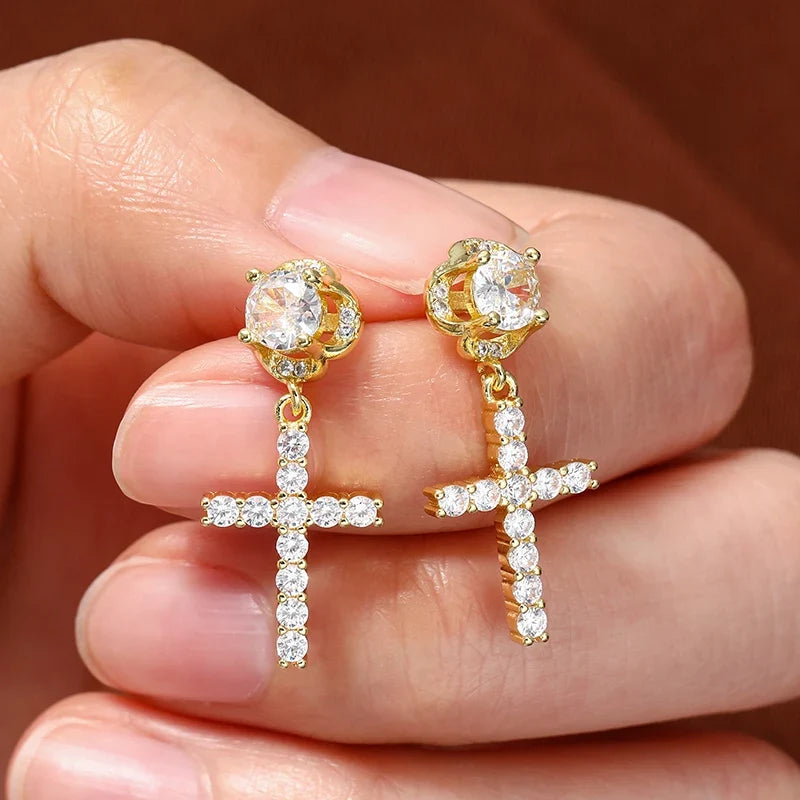 Punk Gold/Silver Cross Stud Earrings | Hip Hop Rhinestone Piercing Ear Accessories