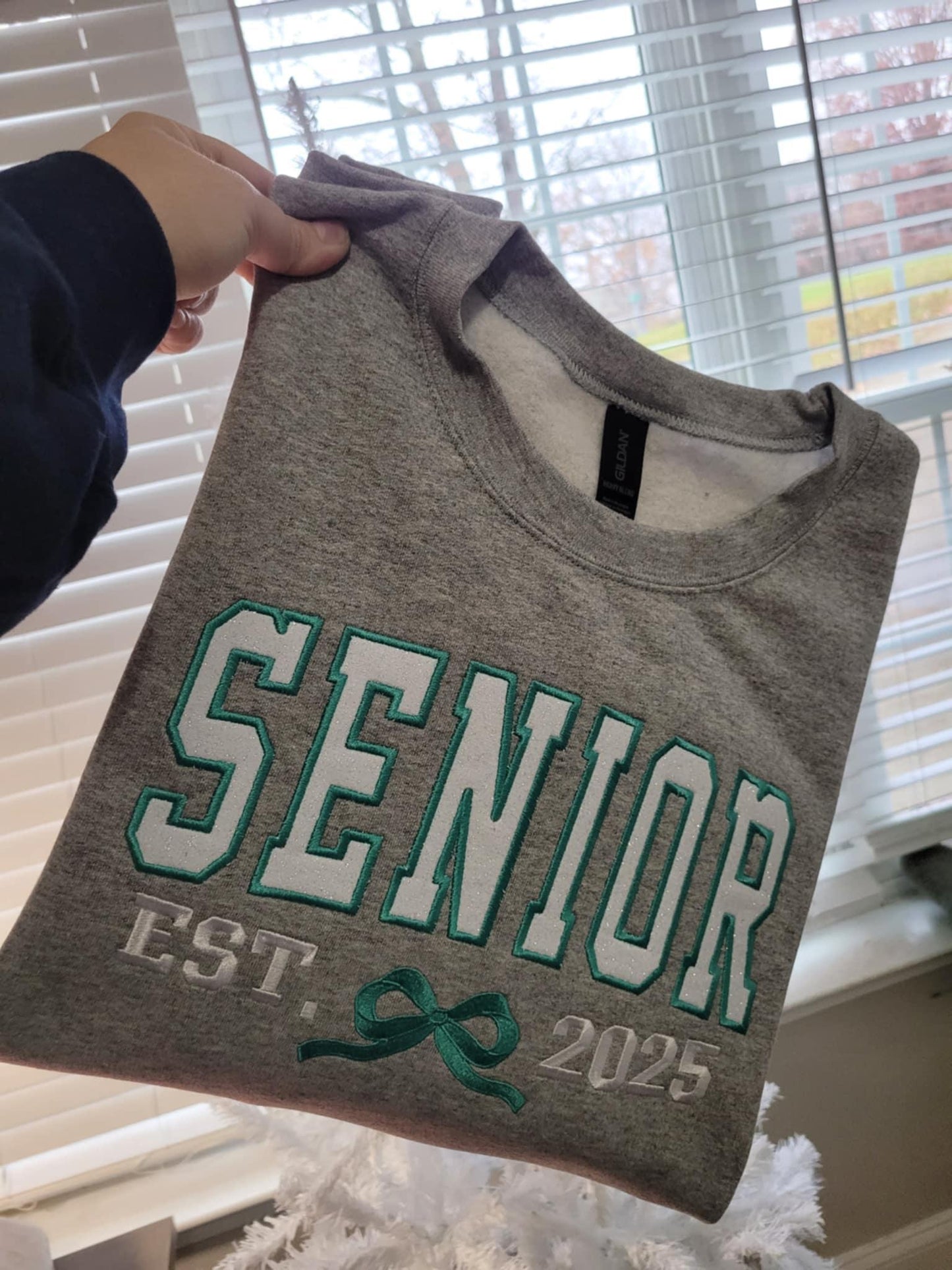 Senior EST Coquette Varsity Shirt | Embroidered Glitter HTV Appliqué Graduation Tee, Sweatshirt & Hoodie