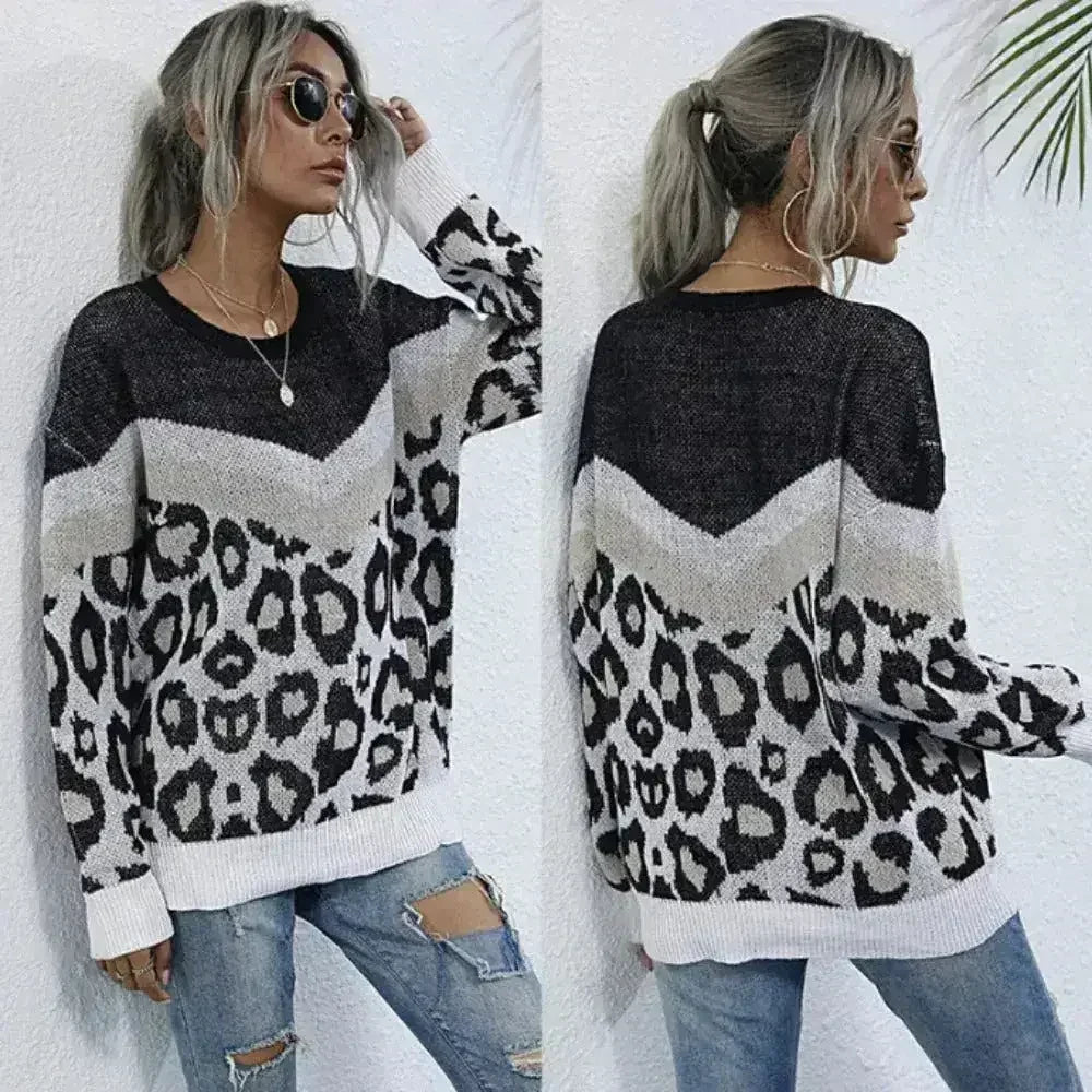 Leopard Print Sweater β Gray Acrylic Knit | Sizes S-L