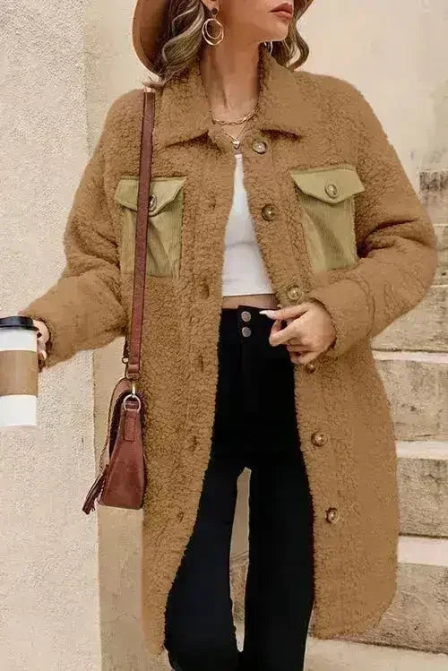 Blue Teddy Coat – Contrast Flap Pockets & Single Breasted