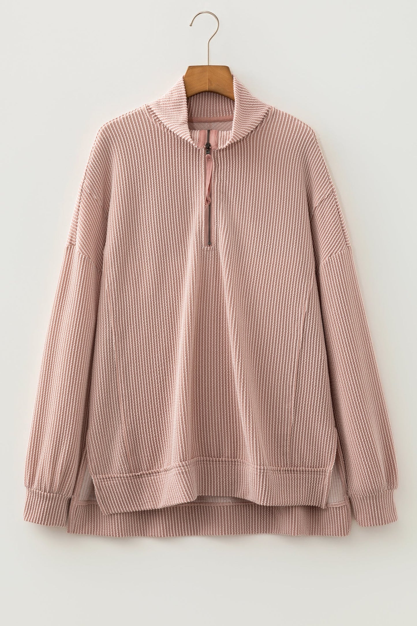 Solid Corded Knit Half Zip Collar Long Sleeve Top