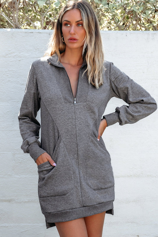 Dark Grey Zip up Collared Ribbed Patchwork Sweatshirt Dress with Pockets