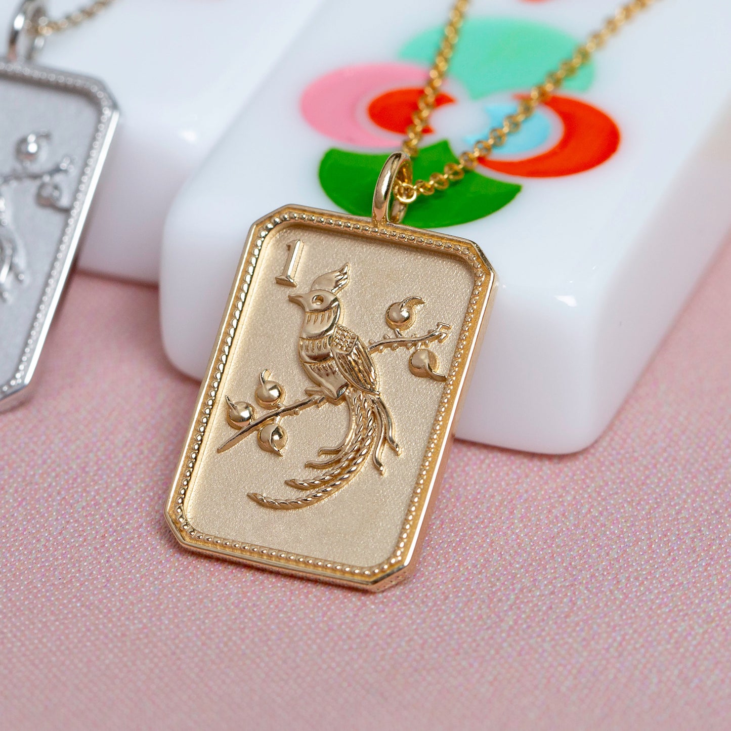 14ky Mahjong 1 Bam Bird Charm Necklace