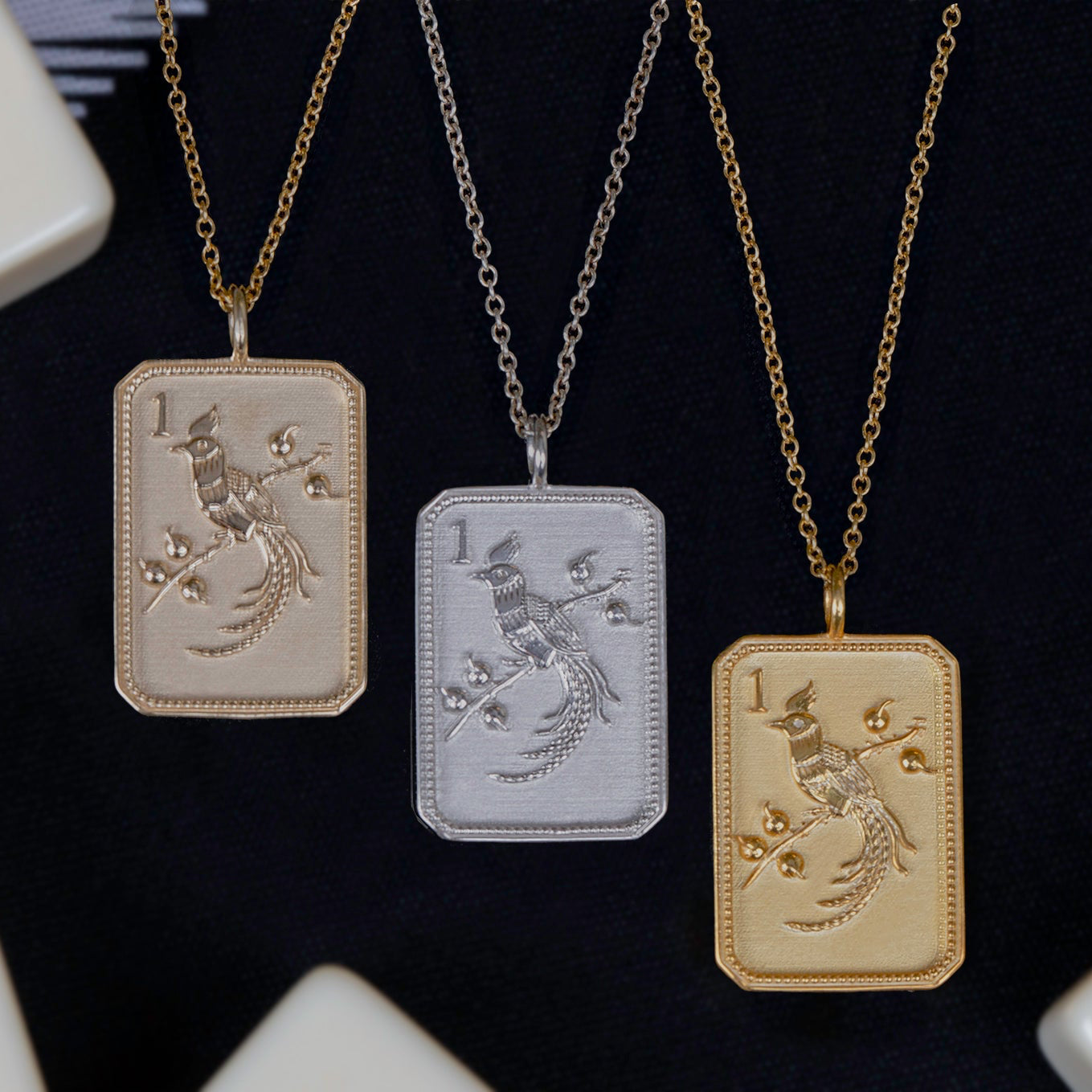 14ky Mahjong 1 Bam Bird Charm Necklace