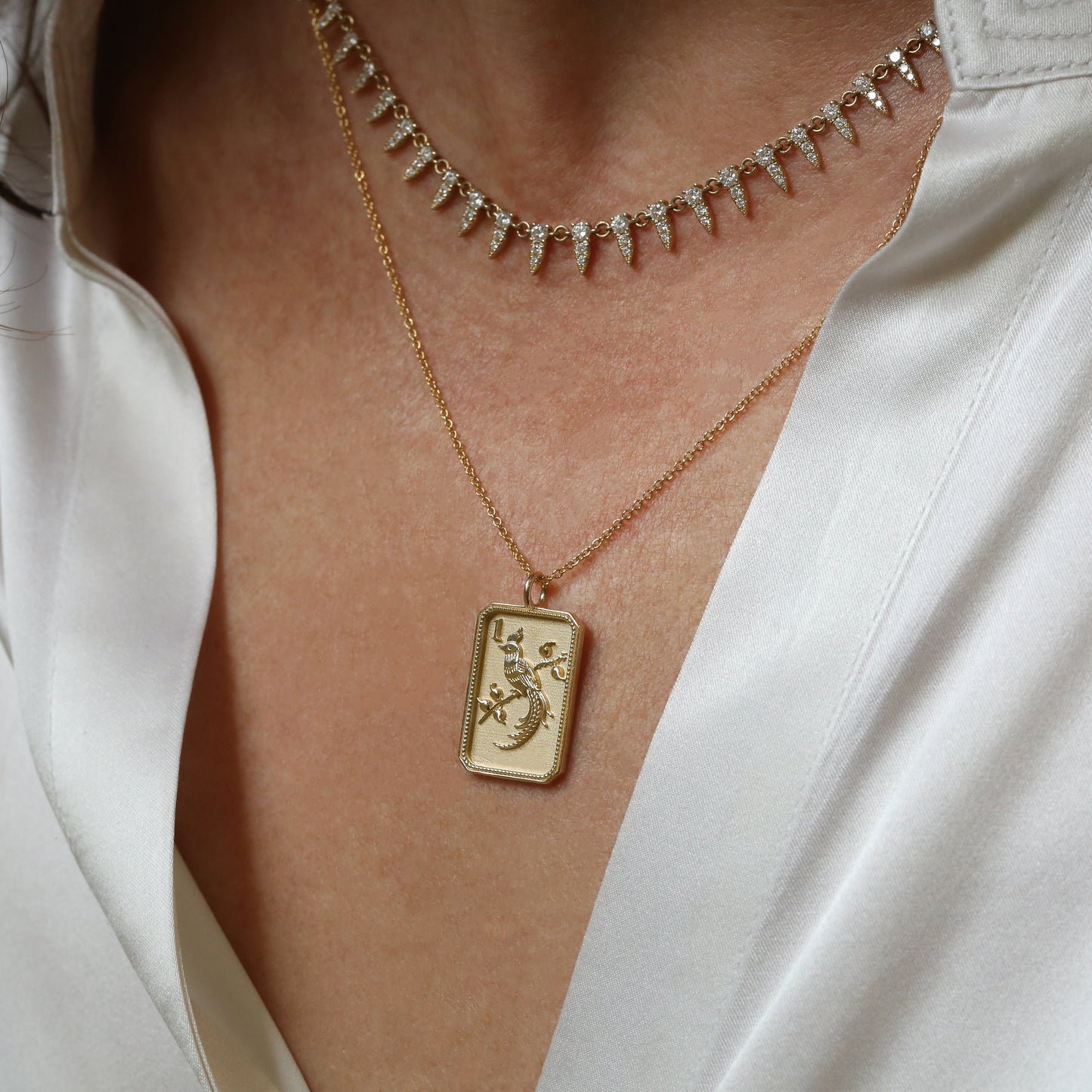 14ky Mahjong 1 Bam Bird Charm Necklace