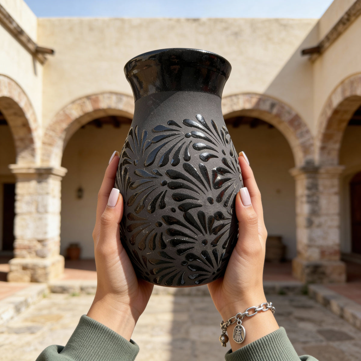 Black Clay Floral Vase