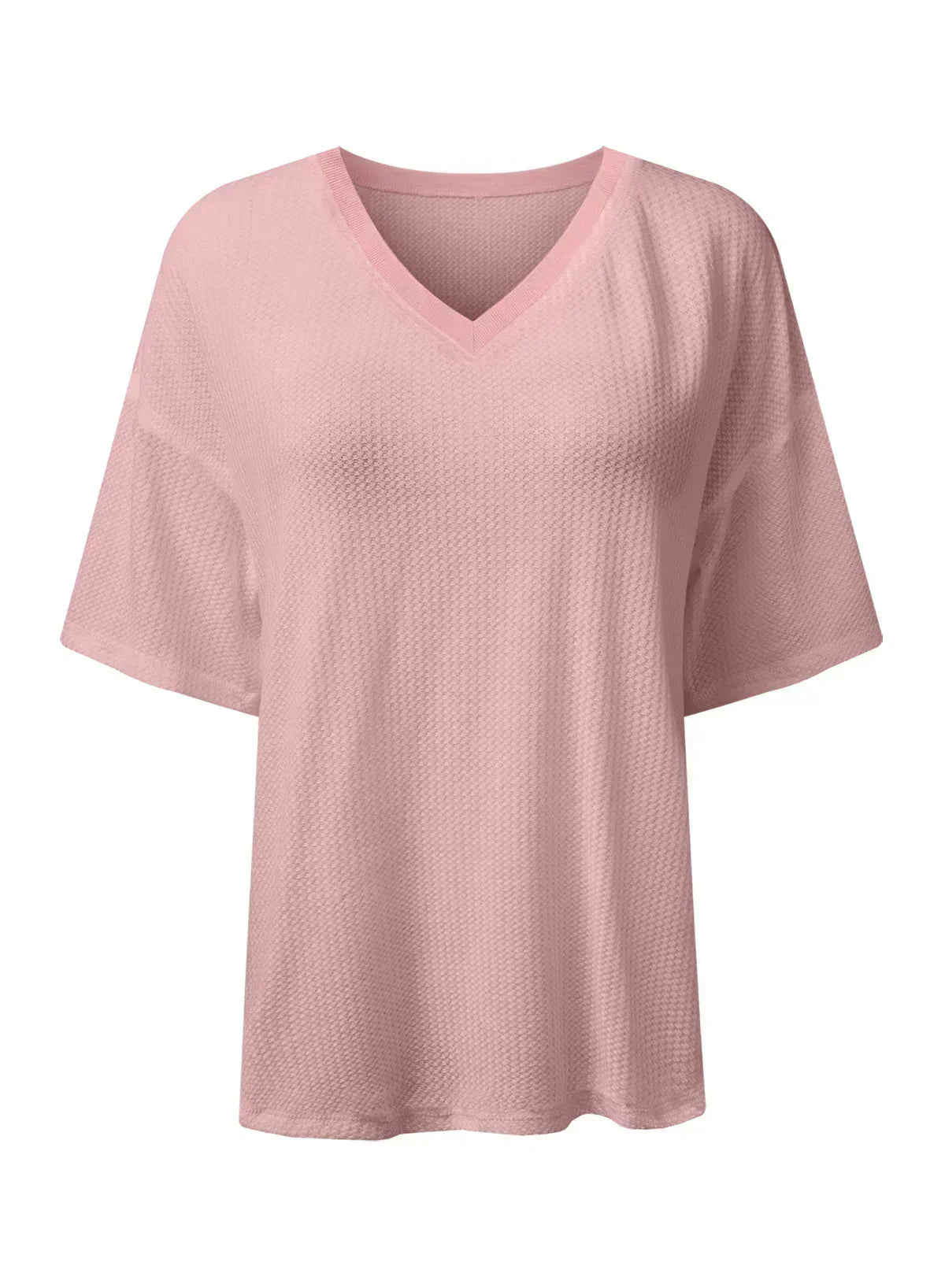 White Waffle Texture V Neck Drop Shoulder Loose Tee