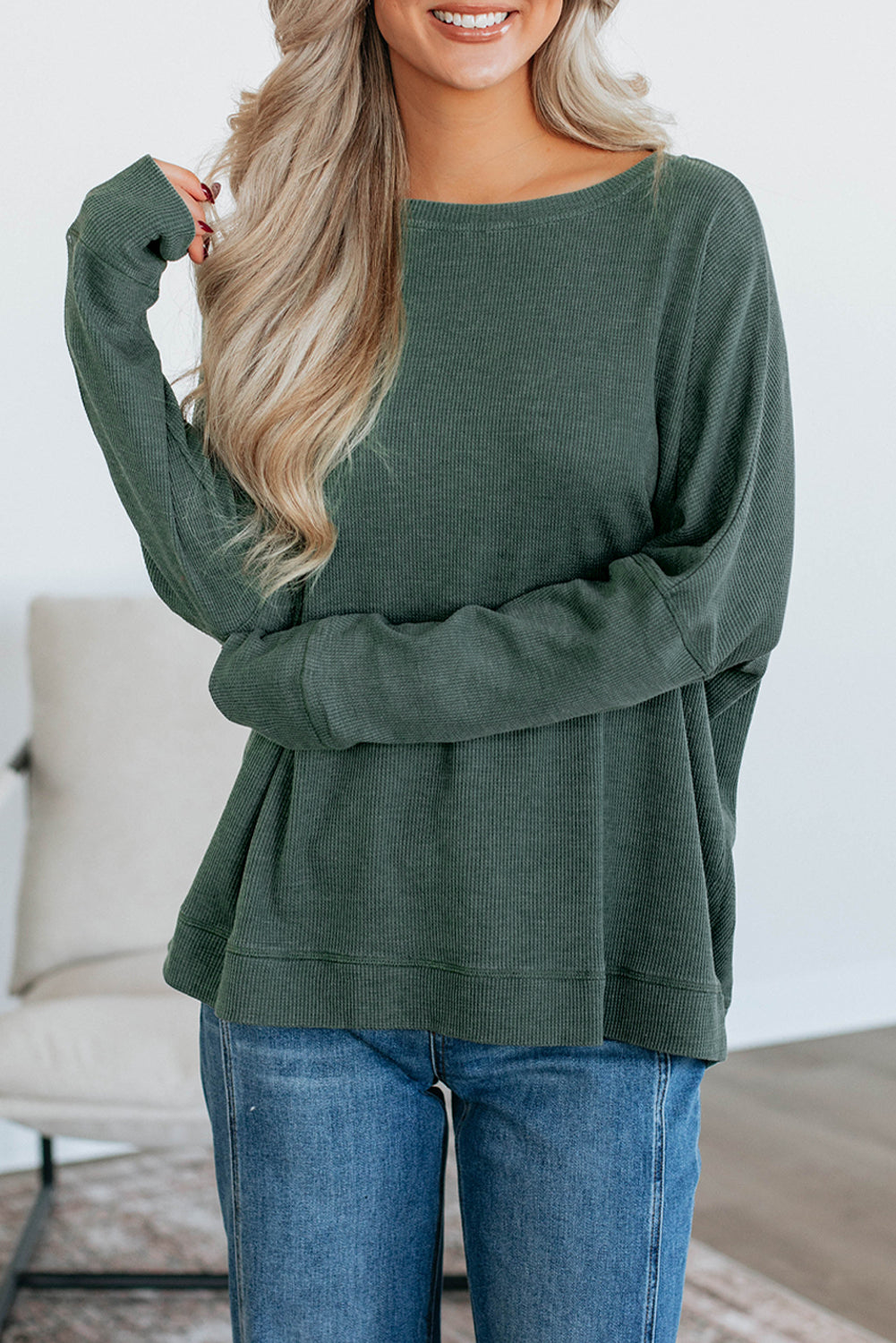 Dark Grey Waffle Knit Patchwork Long Sleeve Loose Top