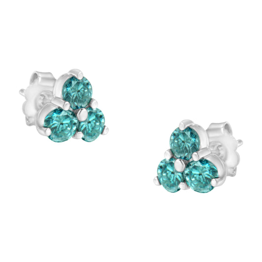 14KT White Gold Treated Blue Diamond Trio Stud Earrings (1 1/3 cttw, Blue)