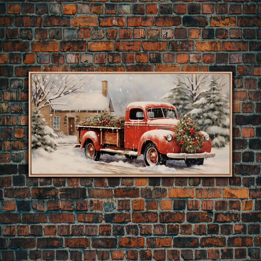 Christmas Tree Delivery - Framed Canvas Print - Vintage Style Farmhouse Christmas Decor Wall Art - Retro 1950s Truck Christmas Art