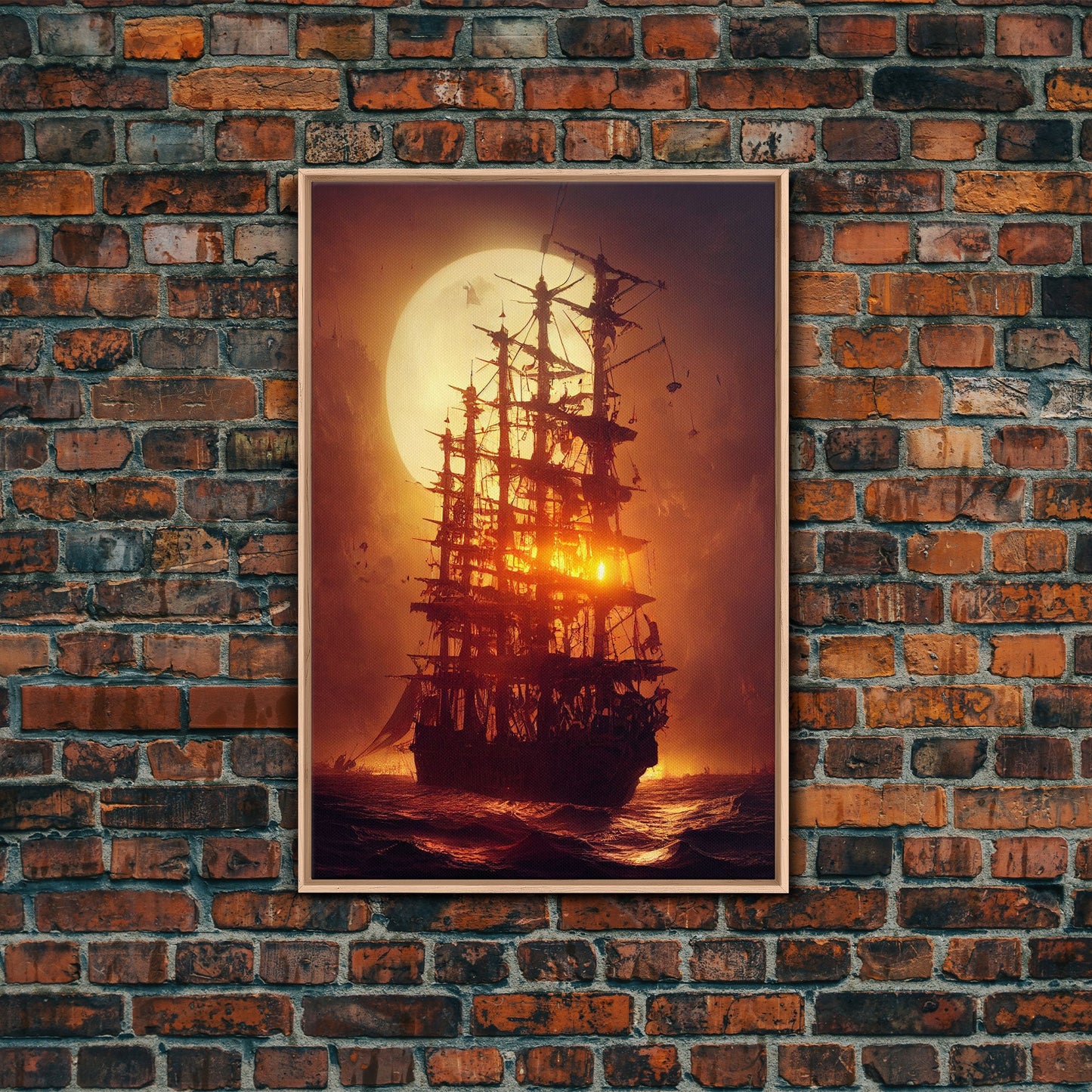 Ghost Ship and Full Moon, Spooky Pirate Ship Art, Framed Canvas Print, Ready To Hang Framed Wall Art, Living Room Wall Hanging