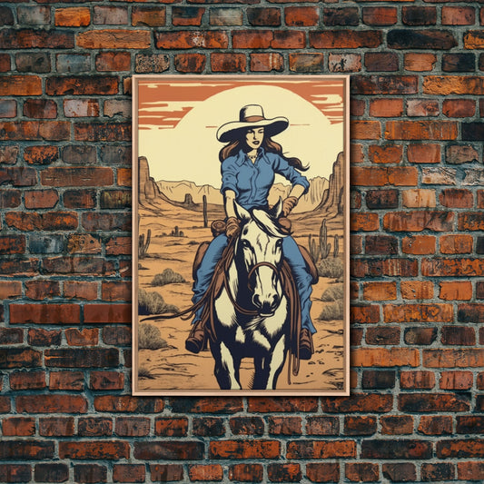Cowgirl Canvas Art Print, Mixed Media Landscape Wall Poster, Texas Wildflowers, Mountain Horses, Vintage Midcentury Modern Decor