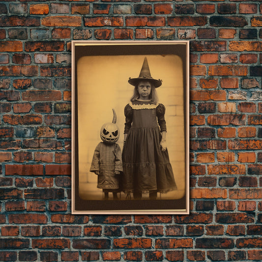Cursed Art, Little Witch and Her Jack O' Lantern Familiar, Victorian Tintype Spooky Art, Halloween Decor, Halloween Canvas Print