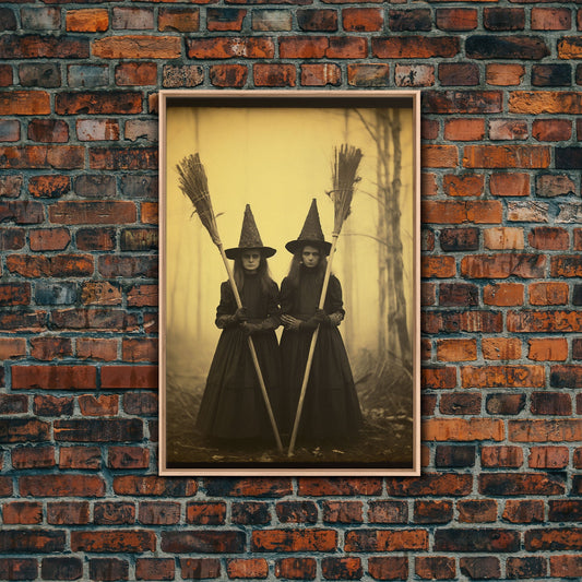 Cursed Art, Victorian Witches Daguerreotype, Framed Canvas Print, Vintage Tin Type Photography Style Wall Art, Cool Halloween Decor