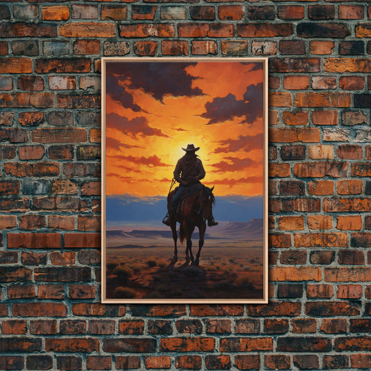 Cowboy Silhouette Wall Art, Western Wall Decor, Sunset Wall Art, Canvas Print, Wall Art, Vertical Art, Teen Boy Wall Art, Rustic Wall Decor