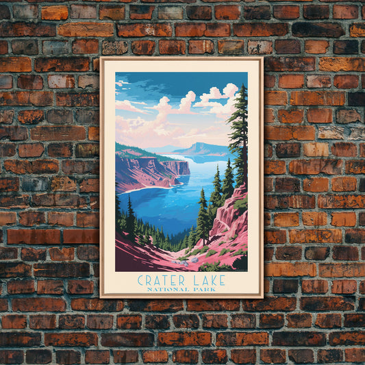 Crater Lake National Park Oregon Travel Art, National Park Print, Minimalist Travel Art, Midcentury Modern Style Landscape Painting