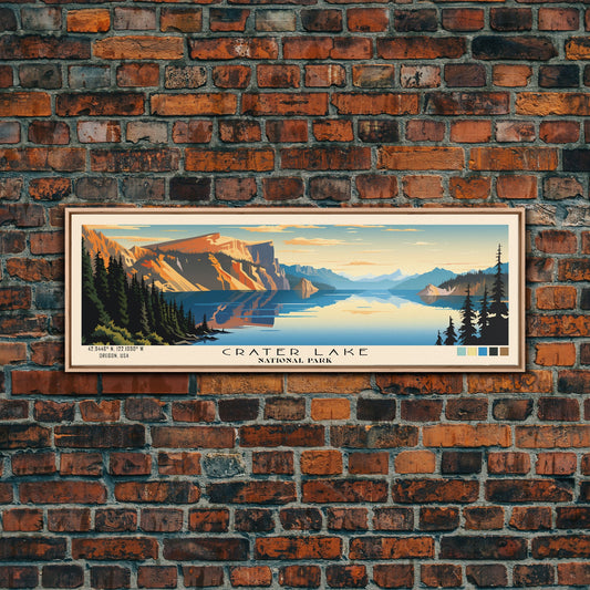 Crater Lake National Park Panoramic Oregon Travel Art, National Park Print, Minimalist Travel Art, Subdued Watercolor Painting Panoramic