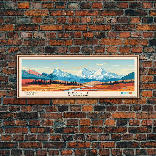 Denali National Park Panoramic Alaska Travel Art, National Park Print, Minimalist Travel Art, Subdued Watercolor Painting Panoramic