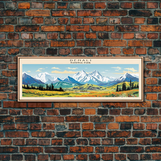 Denali National Park Panoramic Alaska Travel Art, National Park Print, Minimalist Travel Art, Subdued Watercolor Painting Panoramic