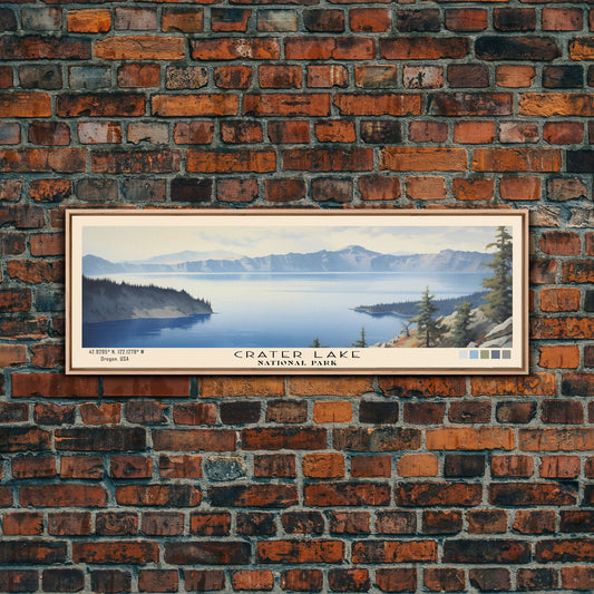 Crater Lake National Park Panoramic Oregon Travel Art, National Park Print, Minimalist Travel Art, Subdued Watercolor Painting Panoramic