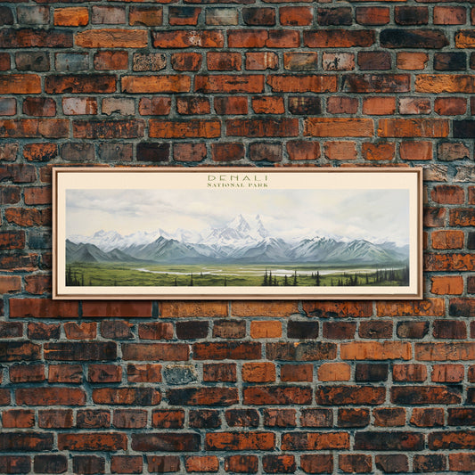 Denali National Park Panoramic Alaska Travel Art, National Park Print, Minimalist Travel Art, Subdued Watercolor Painting Panoramic