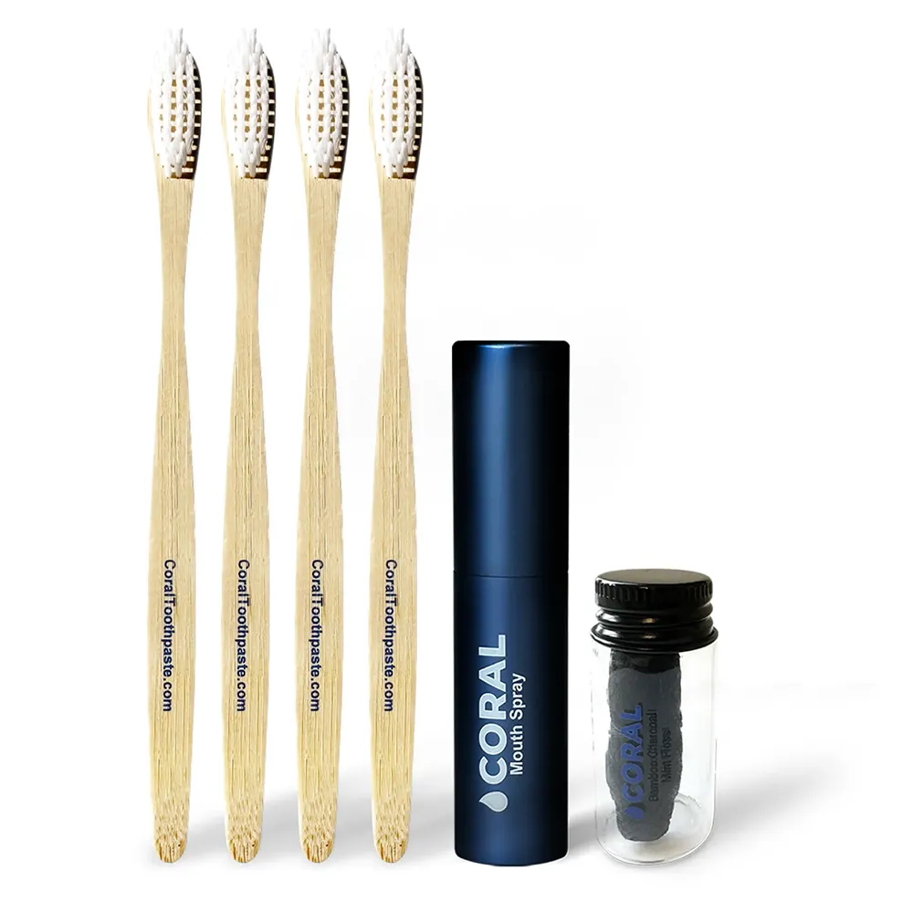 Coral Mouth Spray, Bamboo Mint Floss, and Bamboo Toothbrushes Bundle