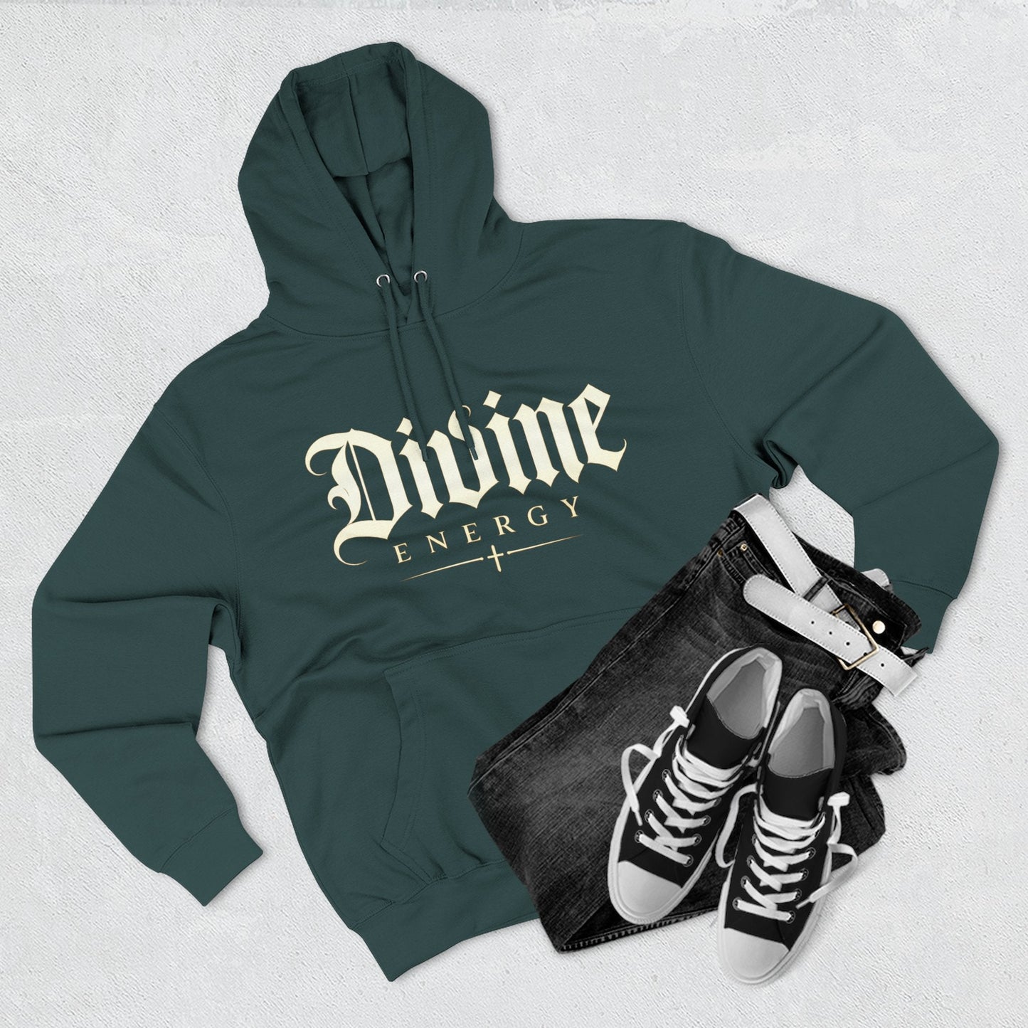 Divine Energy Hoodie — Gothic Script Faith Graphic | Wear Your Worship