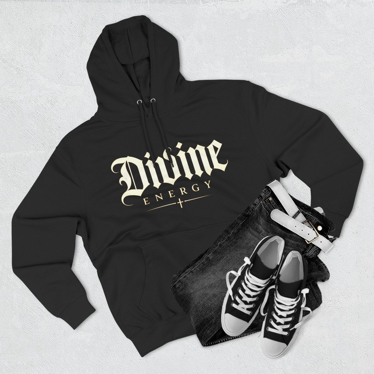 Divine Energy Hoodie — Gothic Script Faith Graphic | Wear Your Worship