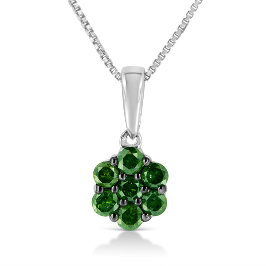 .925 Sterling Silver 1/2 Cttw Prong Set Treated Green Diamond Floral Cluster 18" Pendant Necklace (Green Color, I1-I2 Clarity)