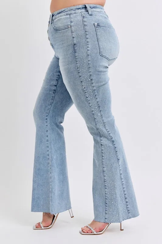 Judy Blue Full Size Mid Rise Rhinestone Side Panel Detail Flare Jeans Plus Size