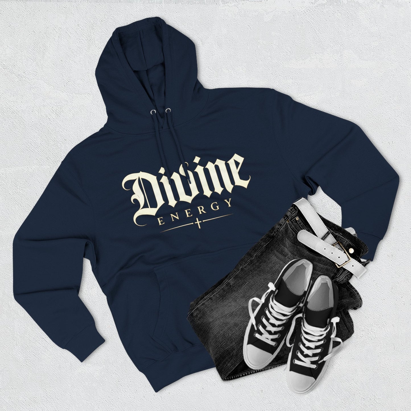 Divine Energy Hoodie — Gothic Script Faith Graphic | Wear Your Worship