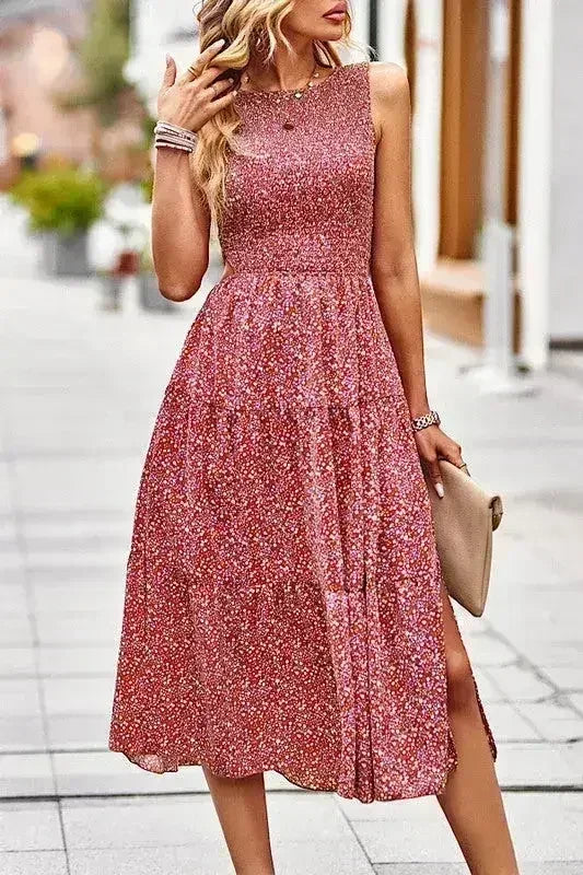 Smocked tiered midi dress