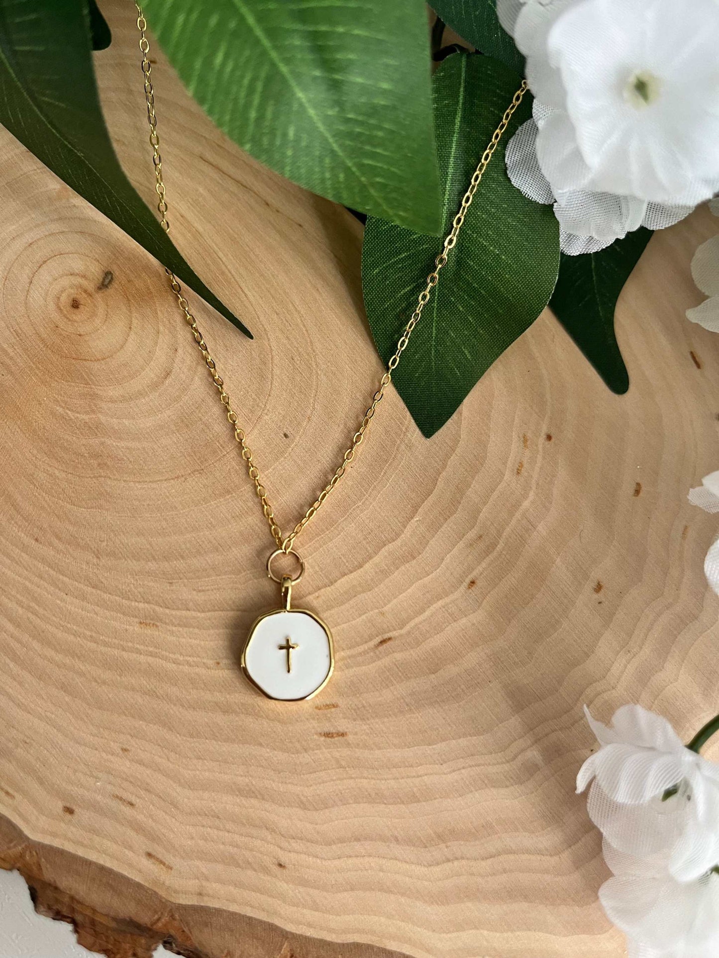 Gold Necklace 18K White Cross Pendant