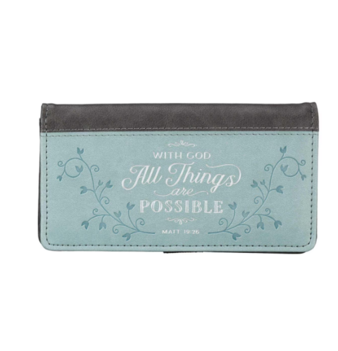 All Things Are Possible Two-tone Gray and Blue Faux Leather Checkbook Cover - Matthew 19:26